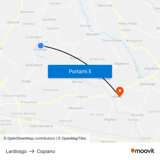 Lardirago to Copiano map