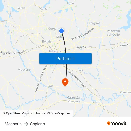 Macherio to Copiano map