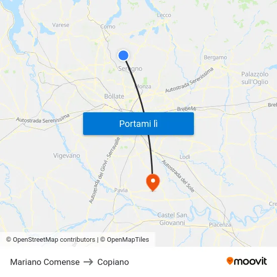 Mariano Comense to Copiano map