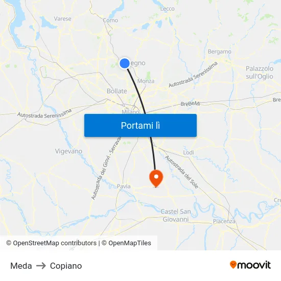 Meda to Copiano map