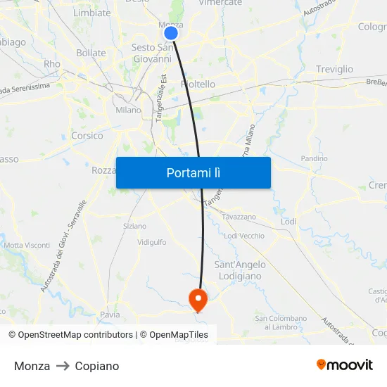 Monza to Copiano map