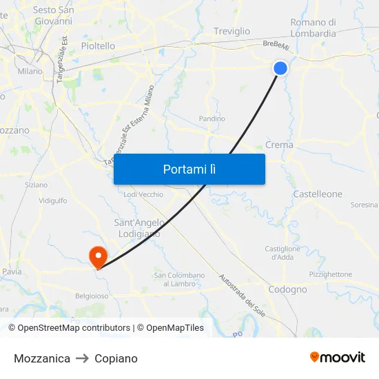 Mozzanica to Copiano map