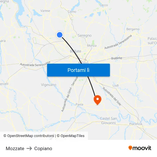 Mozzate to Copiano map