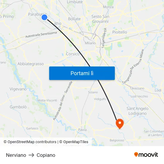 Nerviano to Copiano map