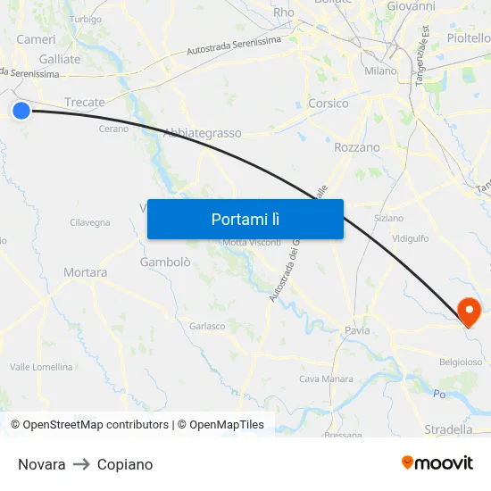 Novara to Copiano map