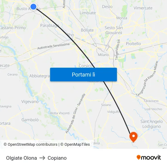 Olgiate Olona to Copiano map