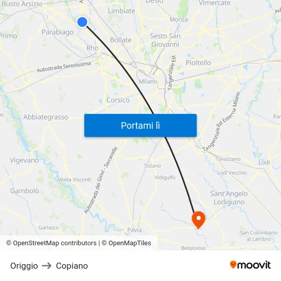 Origgio to Copiano map