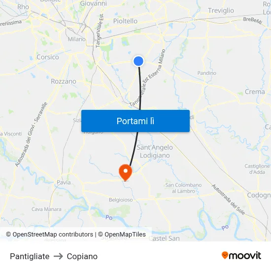 Pantigliate to Copiano map