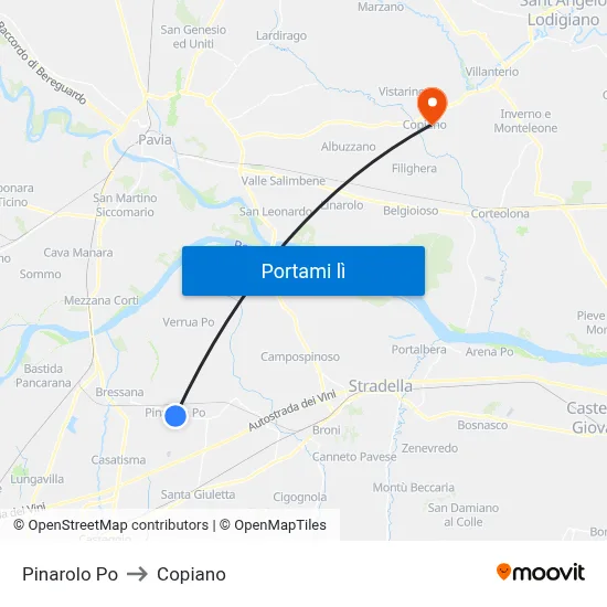 Pinarolo Po to Copiano map