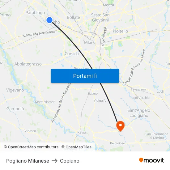 Pogliano Milanese to Copiano map