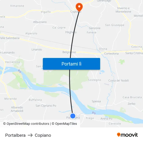 Portalbera to Copiano map