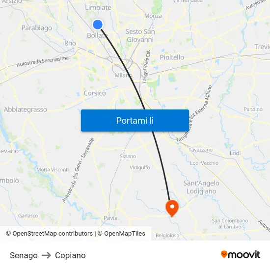 Senago to Copiano map