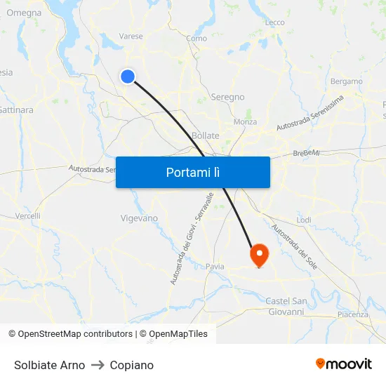 Solbiate Arno to Copiano map