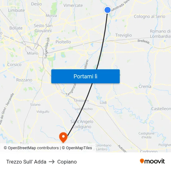 Trezzo Sull' Adda to Copiano map