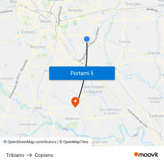 Tribiano to Copiano map