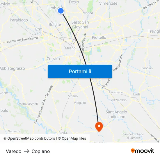 Varedo to Copiano map