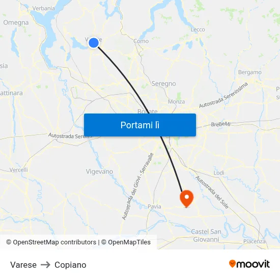 Varese to Copiano map