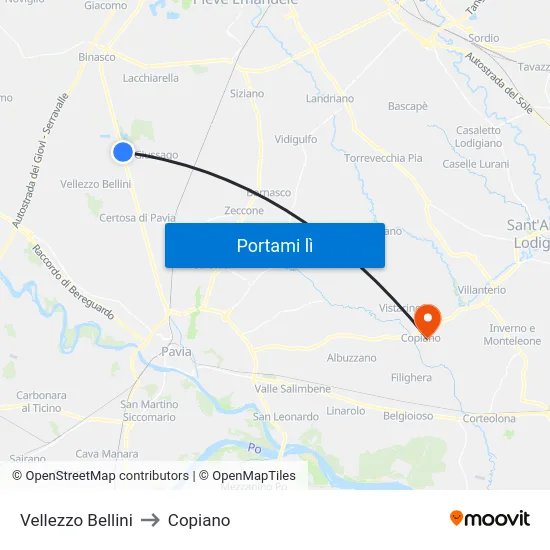 Vellezzo Bellini to Copiano map