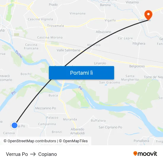Verrua Po to Copiano map