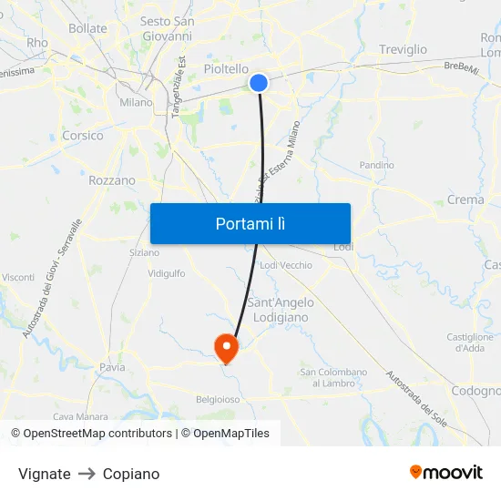 Vignate to Copiano map