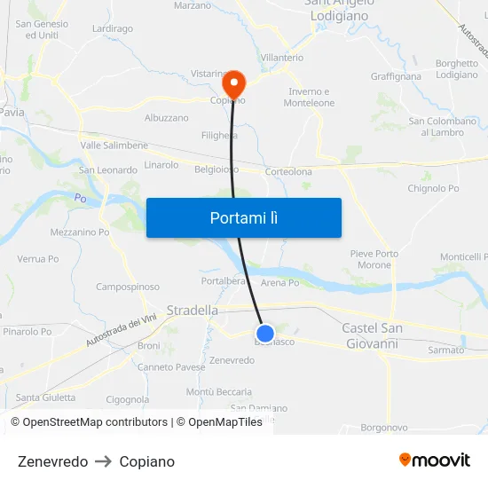 Zenevredo to Copiano map