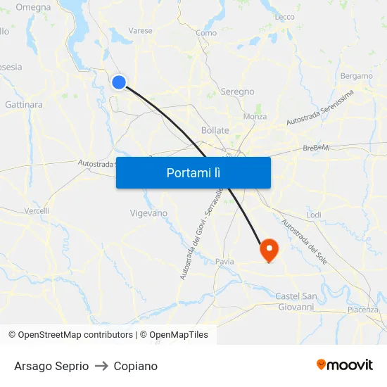 Arsago Seprio to Copiano map