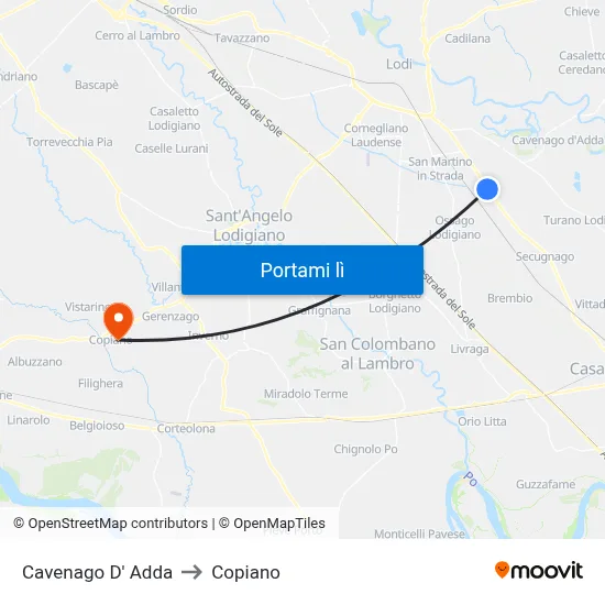 Cavenago D' Adda to Copiano map
