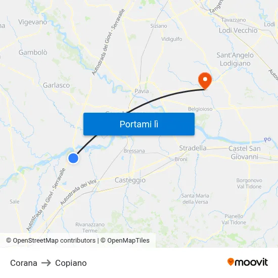 Corana to Copiano map