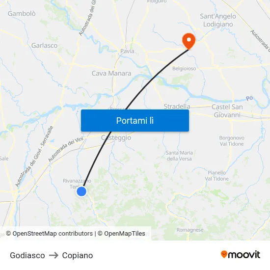 Godiasco to Copiano map
