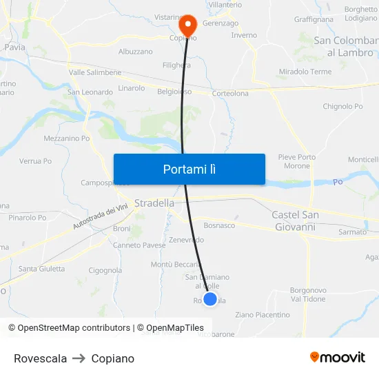 Rovescala to Copiano map