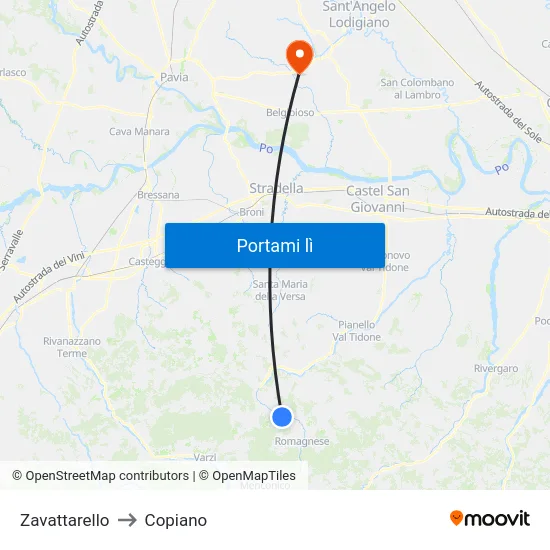 Zavattarello to Copiano map