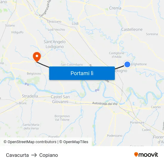 Cavacurta to Copiano map