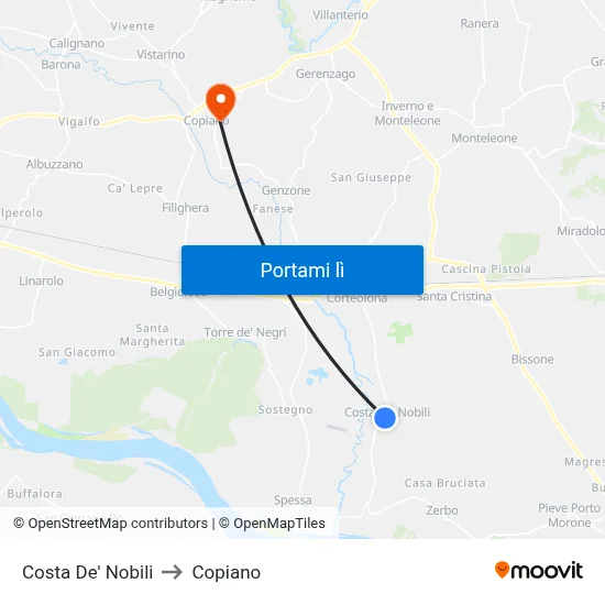 Costa De' Nobili to Copiano map