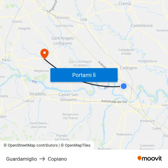 Guardamiglio to Copiano map