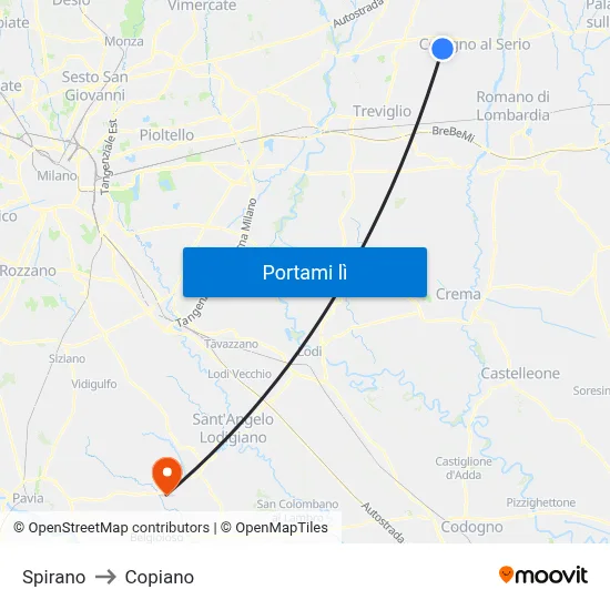 Spirano to Copiano map