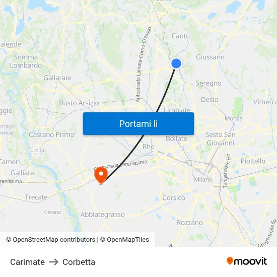 Carimate to Corbetta map
