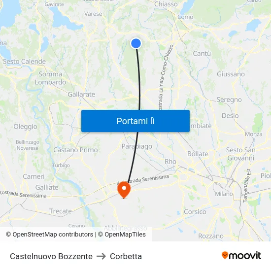 Castelnuovo Bozzente to Corbetta map