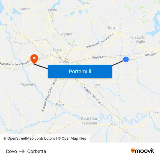 Covo to Corbetta map