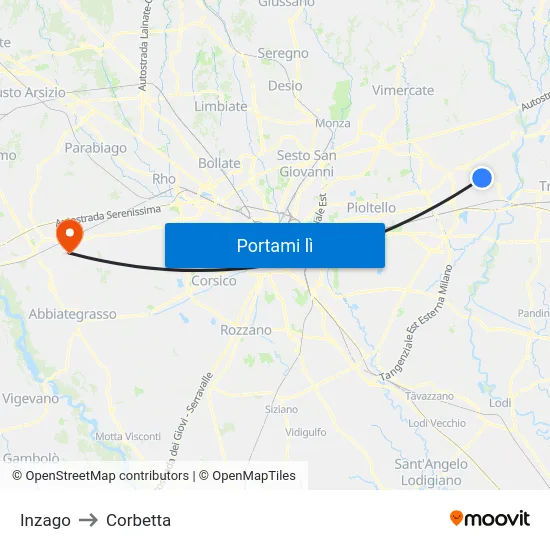 Inzago to Corbetta map
