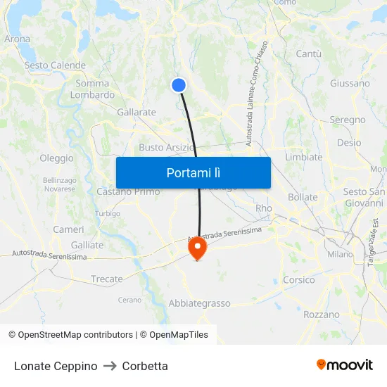 Lonate Ceppino to Corbetta map