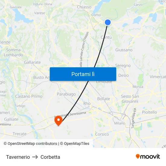 Tavernerio to Corbetta map