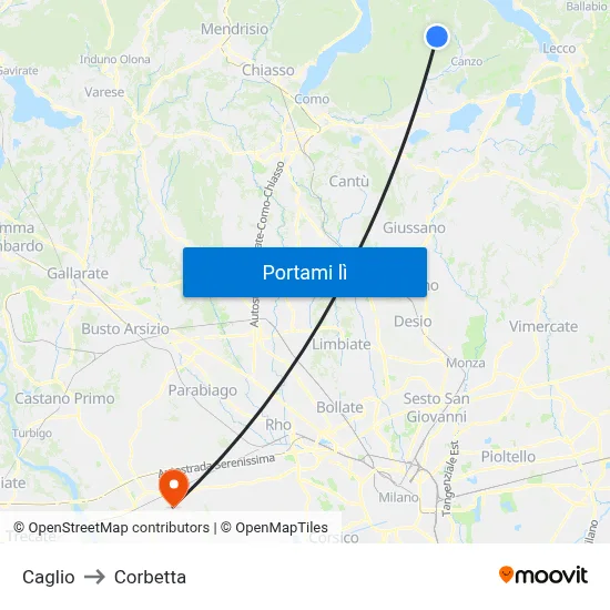 Caglio to Corbetta map