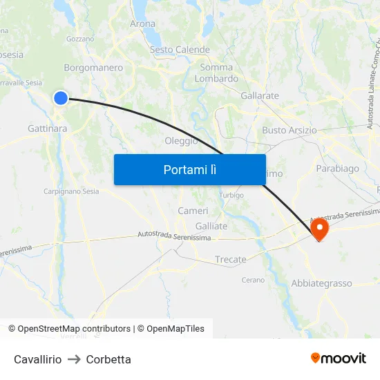 Cavallirio to Corbetta map