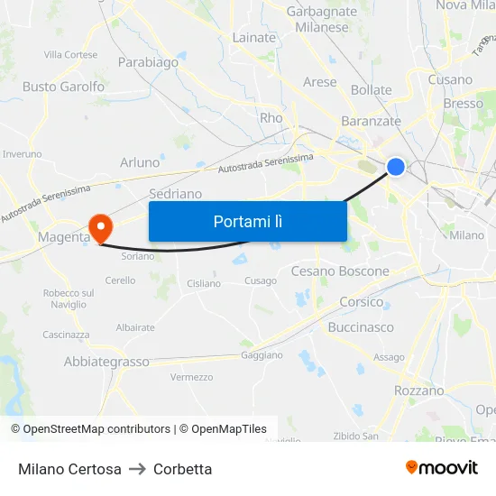 Milano Certosa to Corbetta map