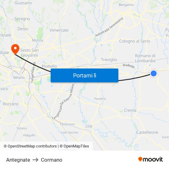 Antegnate to Cormano map