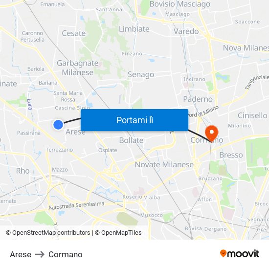 Arese to Cormano map