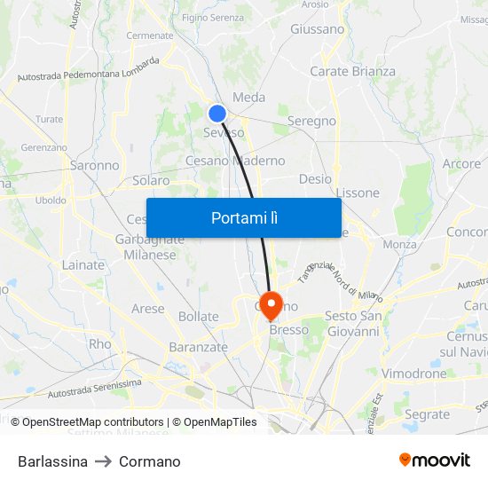 Barlassina to Cormano map