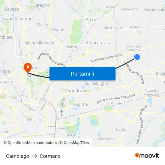 Cambiago to Cormano map