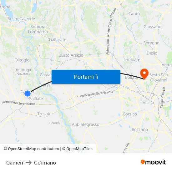 Cameri to Cormano map