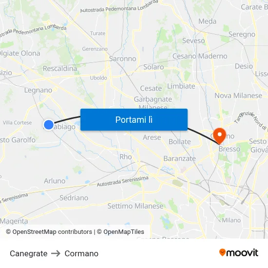 Canegrate to Cormano map